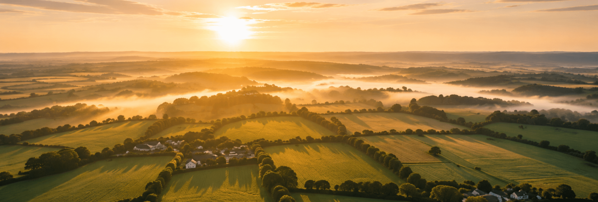 An image of rural green farm fields in the UK in sunlight