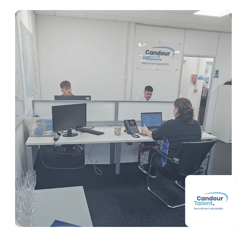 Candour Talent Recruitment Agency - Temporary Jobs Page. Image of our Head of driving, Deborah Caldwell, our Junior Recruitment Consultant, Ellis Jones, and our Branch Manager, Kyle Smith, working together and on the phones, exemplifying our team's dedication to efficiently managing temporary job placements