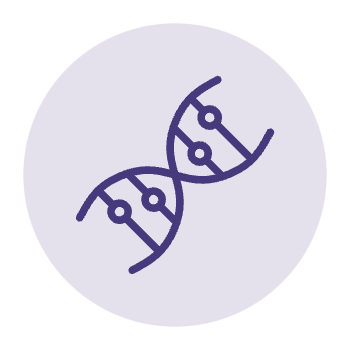 A circular purple icon featuring a simple outline of a DNA double helix, symbolising genetics or life sciences.