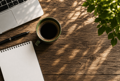 Sunlight coming through the window to a brown desk with a coffee, pad, pen and laptop.