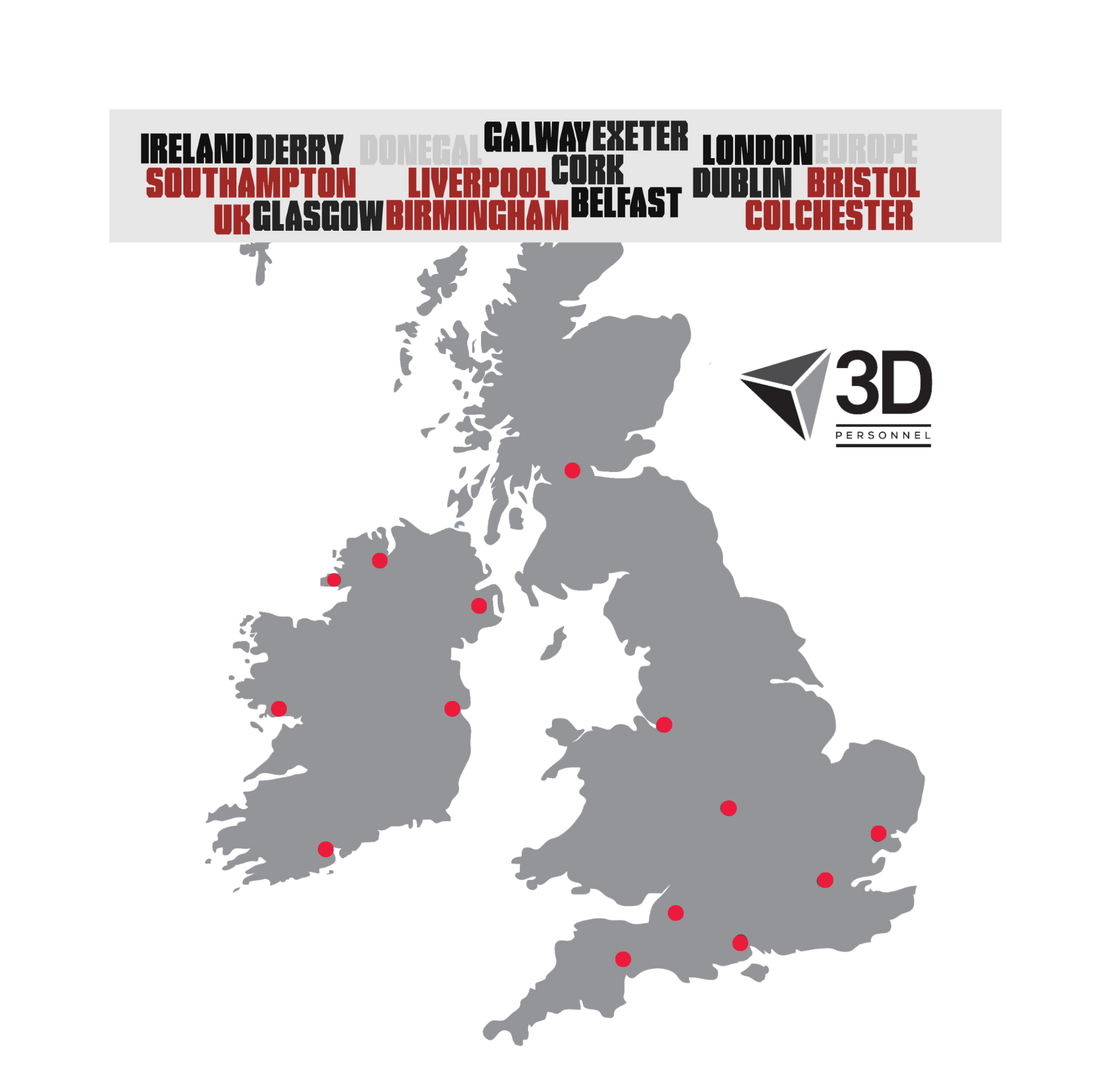 Map of UK and Ireland with 3D Personnel offices