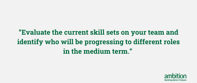 Grey box with quote "Evaluate the current skill sets on your team and identify who will be progressing to different roles in the medium term