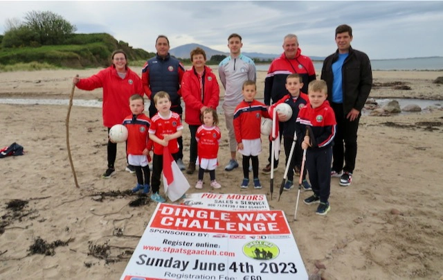 Members of St Pats GAA club along with Eamonn Fitzmaurice at Camp beach for the launch of the Dingle Way Challenge 2023