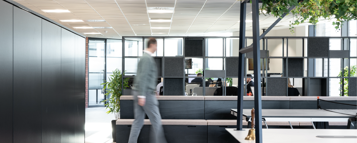 D R Newitt Edinburgh Office, featuring the main work area with employees, meeting spaces, desktop computers and foliage