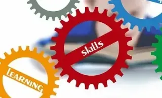A child engages with a book, with gears around it, representing the process of skill development and exploration.