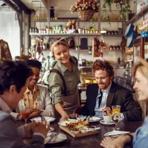 Employees happily out dining together