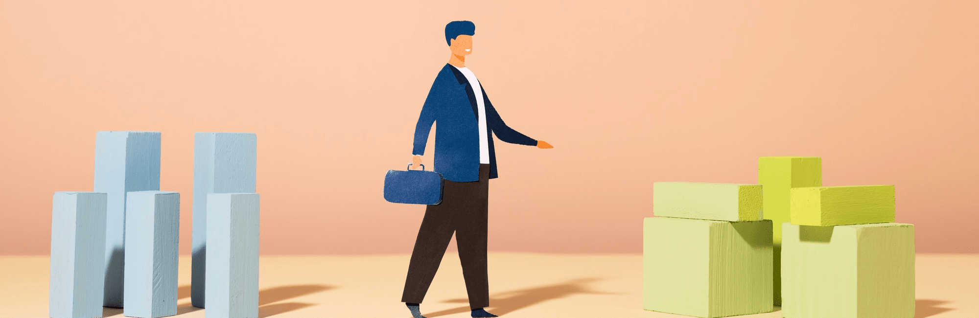 A cartoon man is positioned beside a stack of cubes, illustrating the process of packing for a moving job.