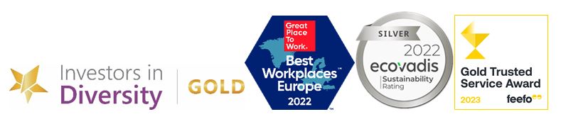 Logos showing Gold Investors in Diversity, Best Place to Work and Sustainability award