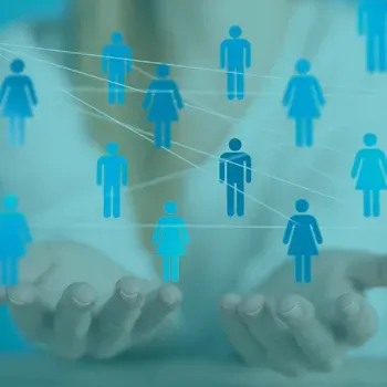 Two hands holding a network of connected people