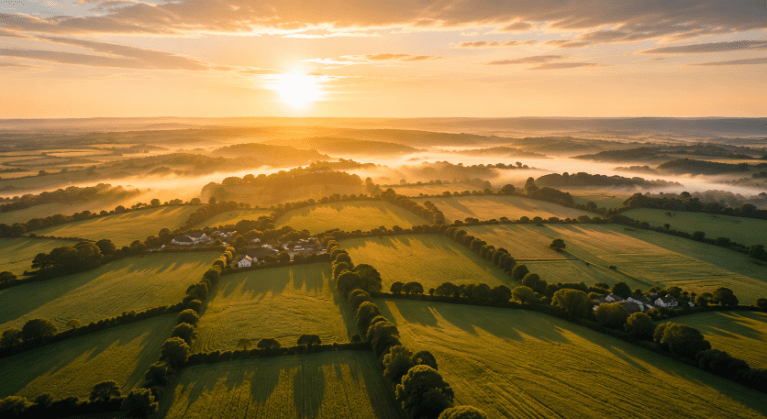 Sunset over farming fields