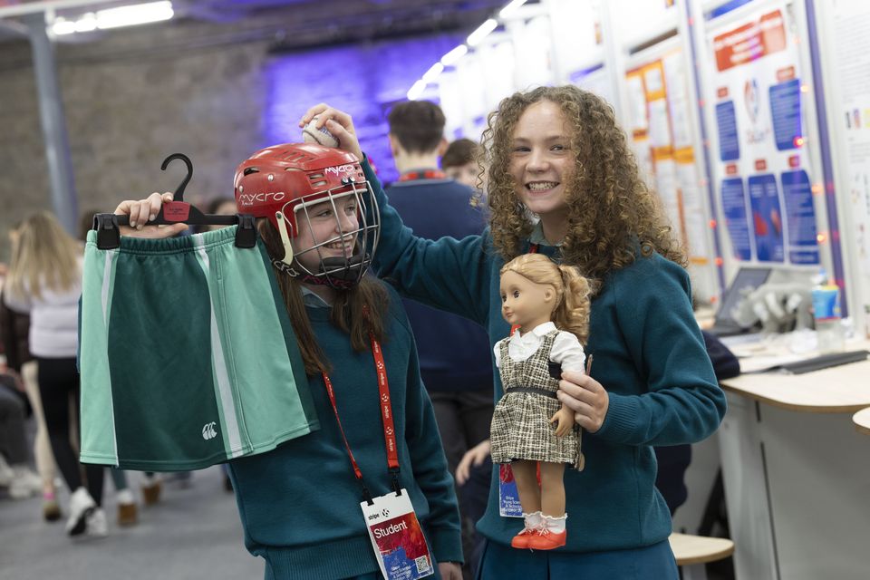 Students Alice Brosnan and Isla Conlon from Mount Anville Secondary School in Dublin with their project on the topic of skorts. Photo: Sam Boal/Collins Photos