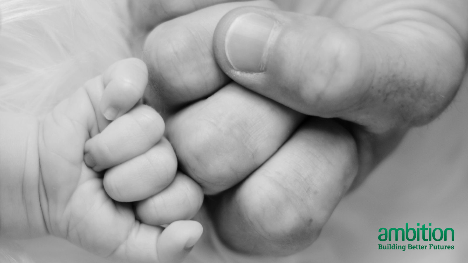 A black & white photo of a man's adult fist and his baby son's fist