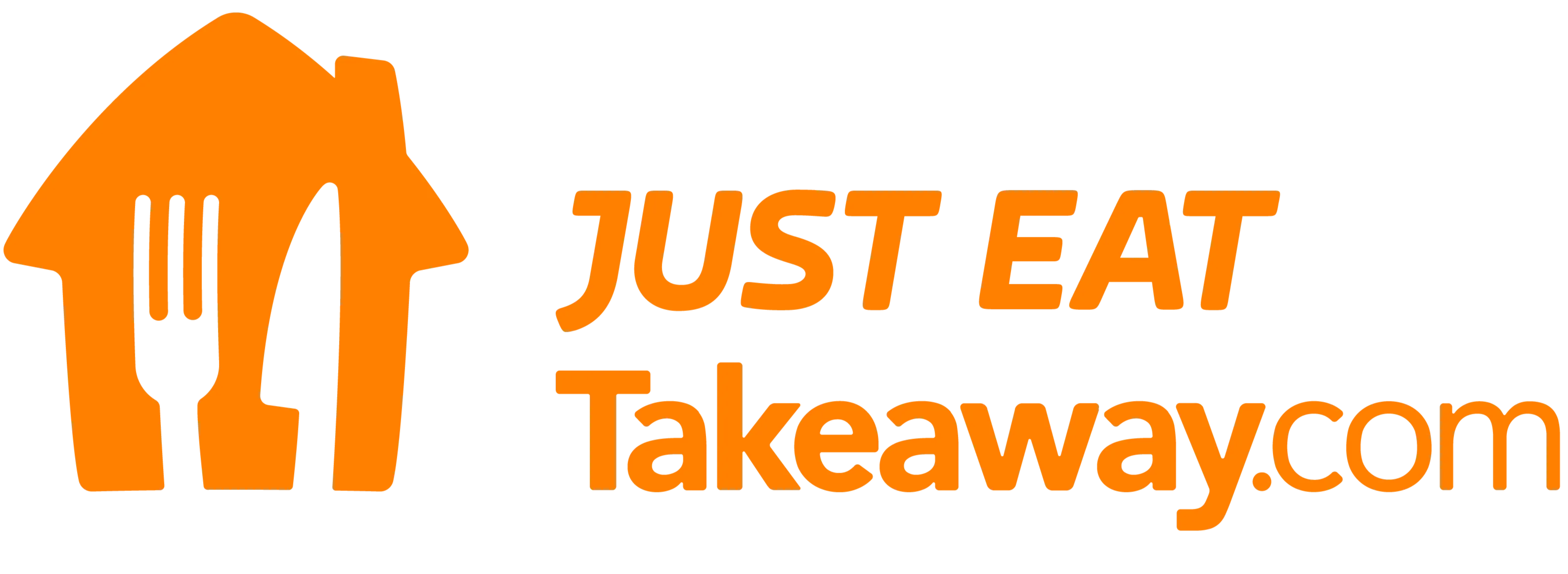 Just Eat logo: een oranje huisje met een vork en mes erin
