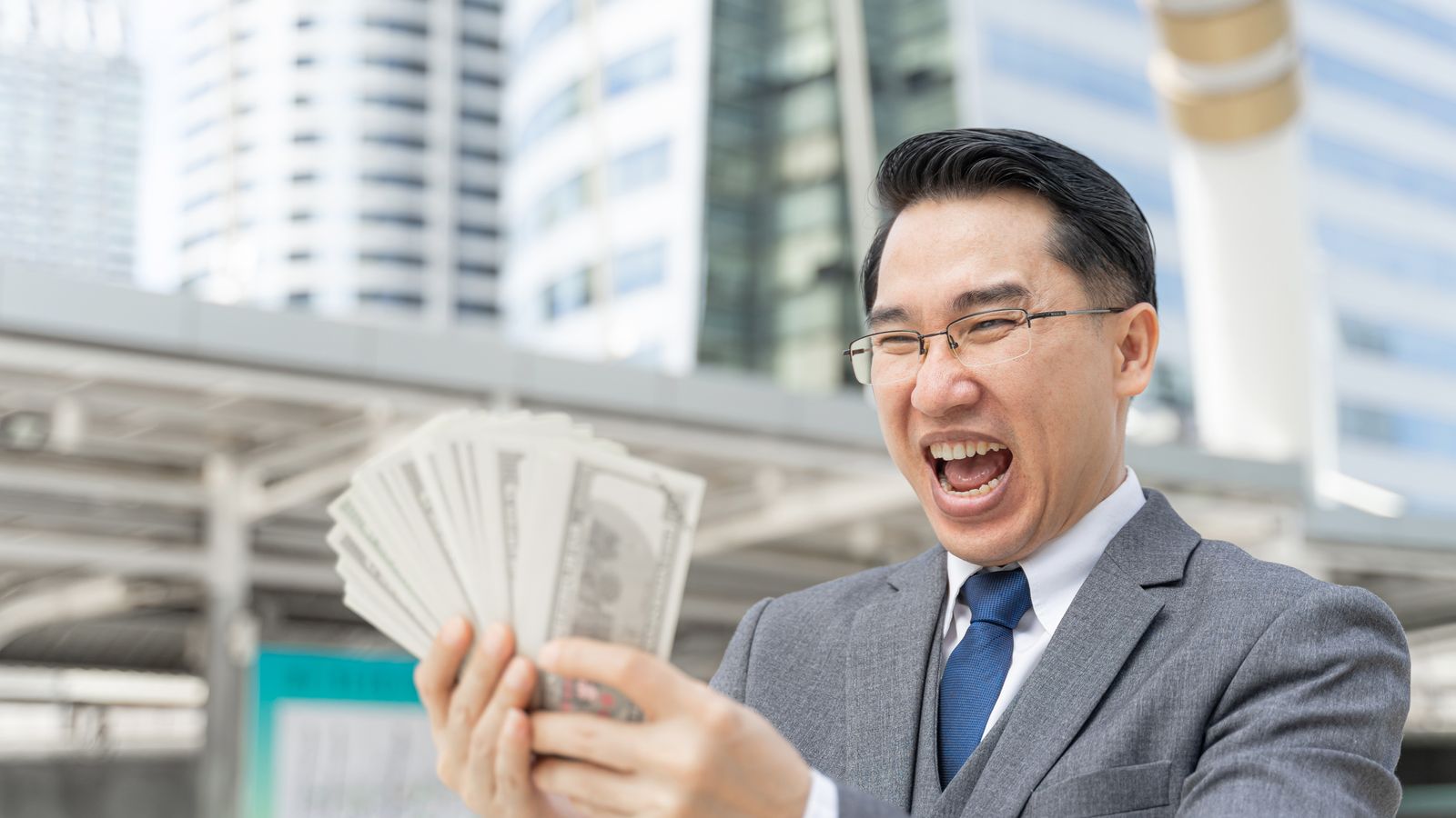 Happy Face Asian Business Man Holding Money Us Dollar Bills Business District Urban