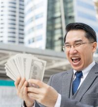 Happy Face Asian Business Man Holding Money Us Dollar Bills Business District Urban