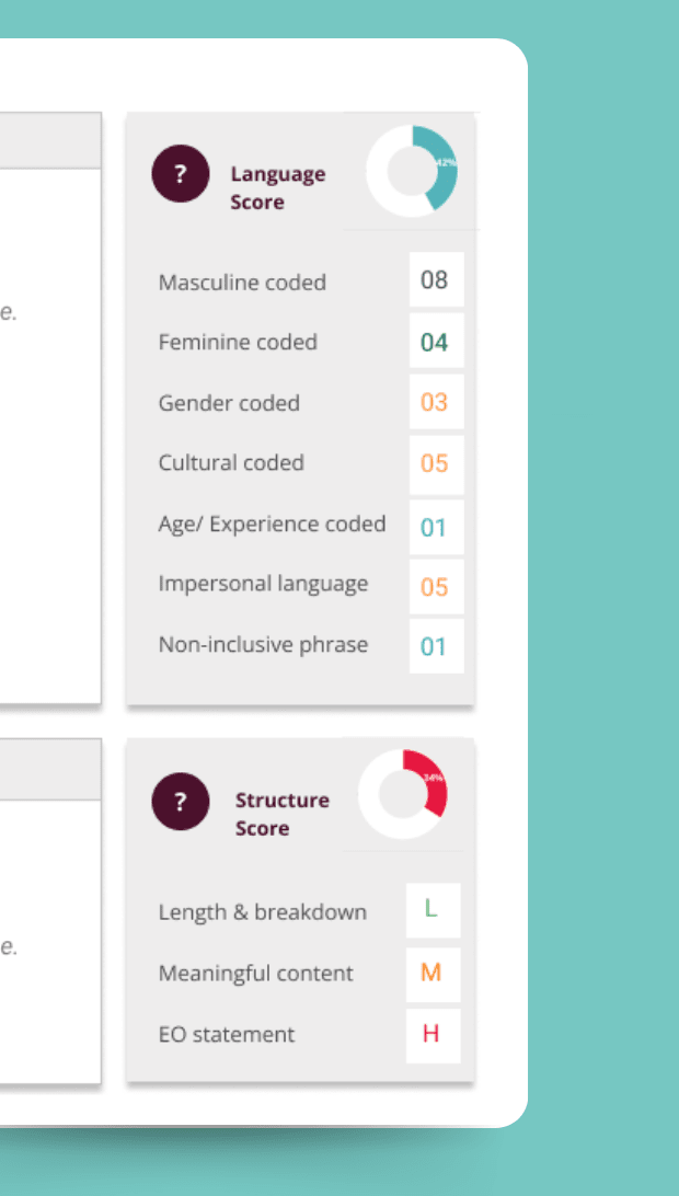 Screen displaying inclusive language and structure scores from the job advert bias analyser