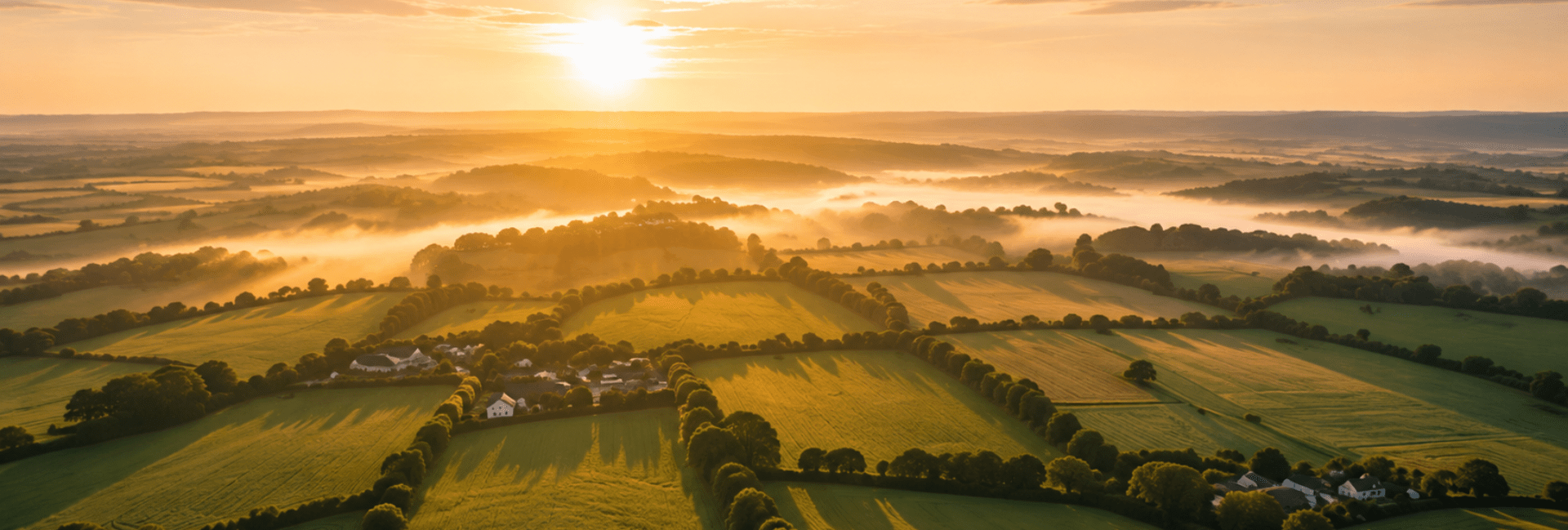 An image of rural green farm fields in the UK in sunlight