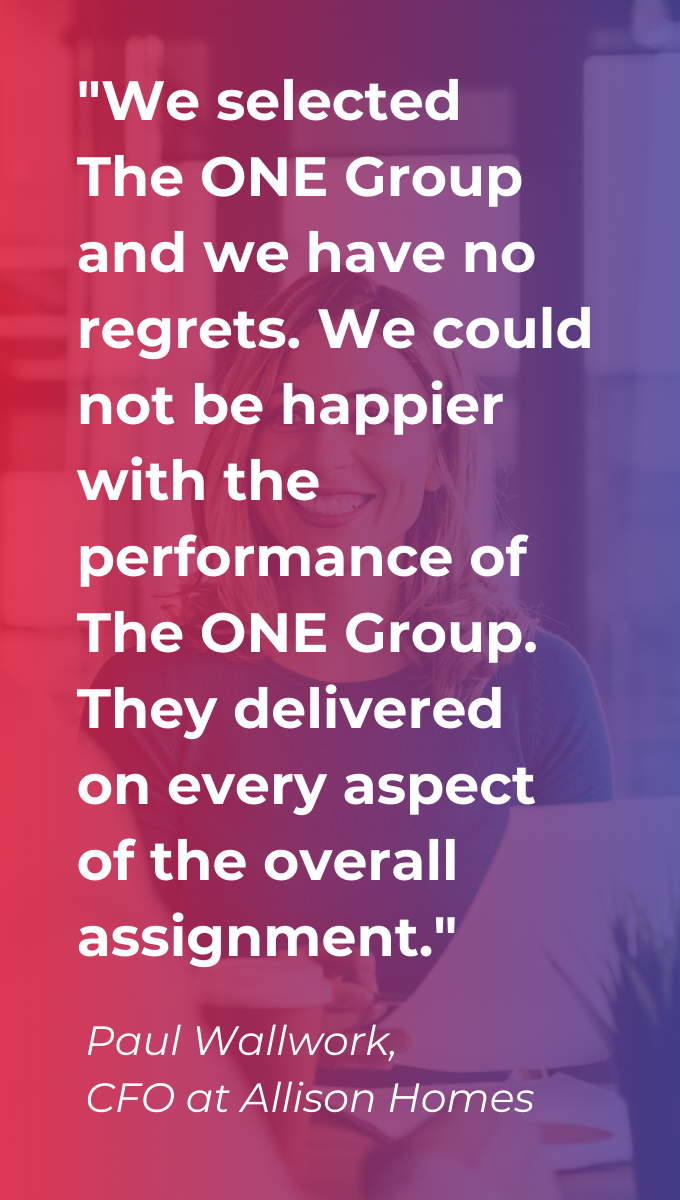 A client testimonial on a red and purple gradient background saying ​"We selected The ONE Group and we have no regrets. We could not be happier with the performance of The ONE Group. They delivered on every aspect of the overall assignment."